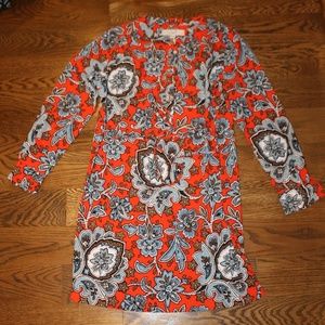 Loft Red Multi Colored Dress with buttons & tie,